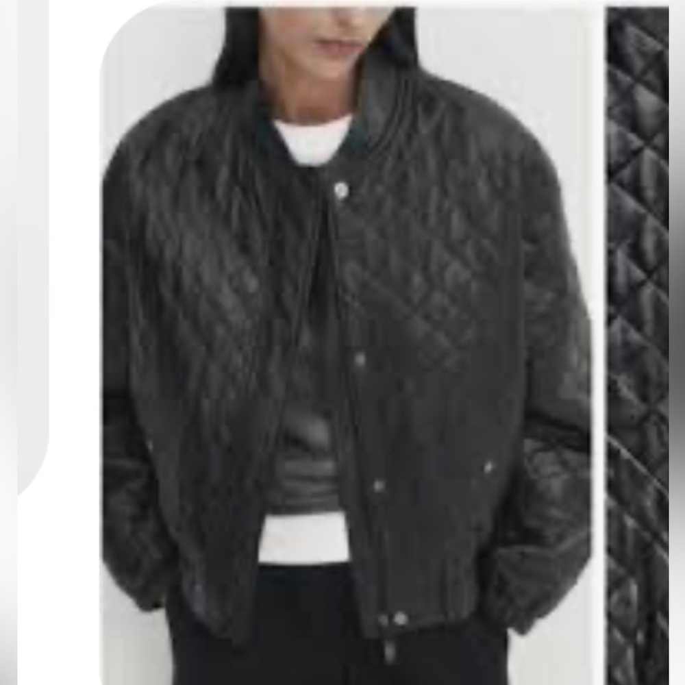 NWOT Massimo Dutti black genuine leader quilted bomber jacket, size S